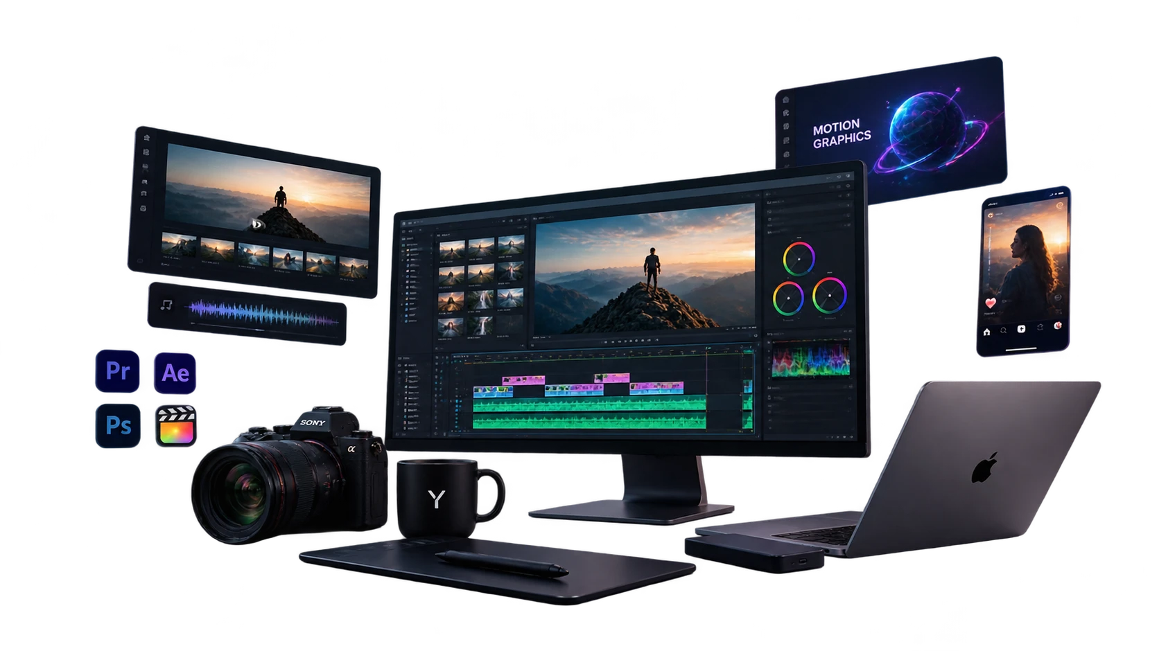 Yazh Studios editing setup with Premiere Pro, After Effects, Photoshop and Final Cut Pro